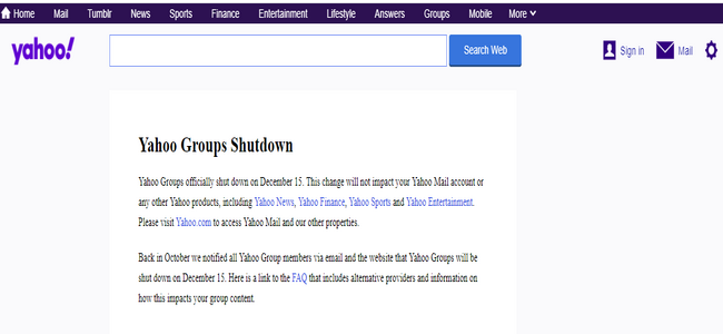 Yahoo groups shutdown page