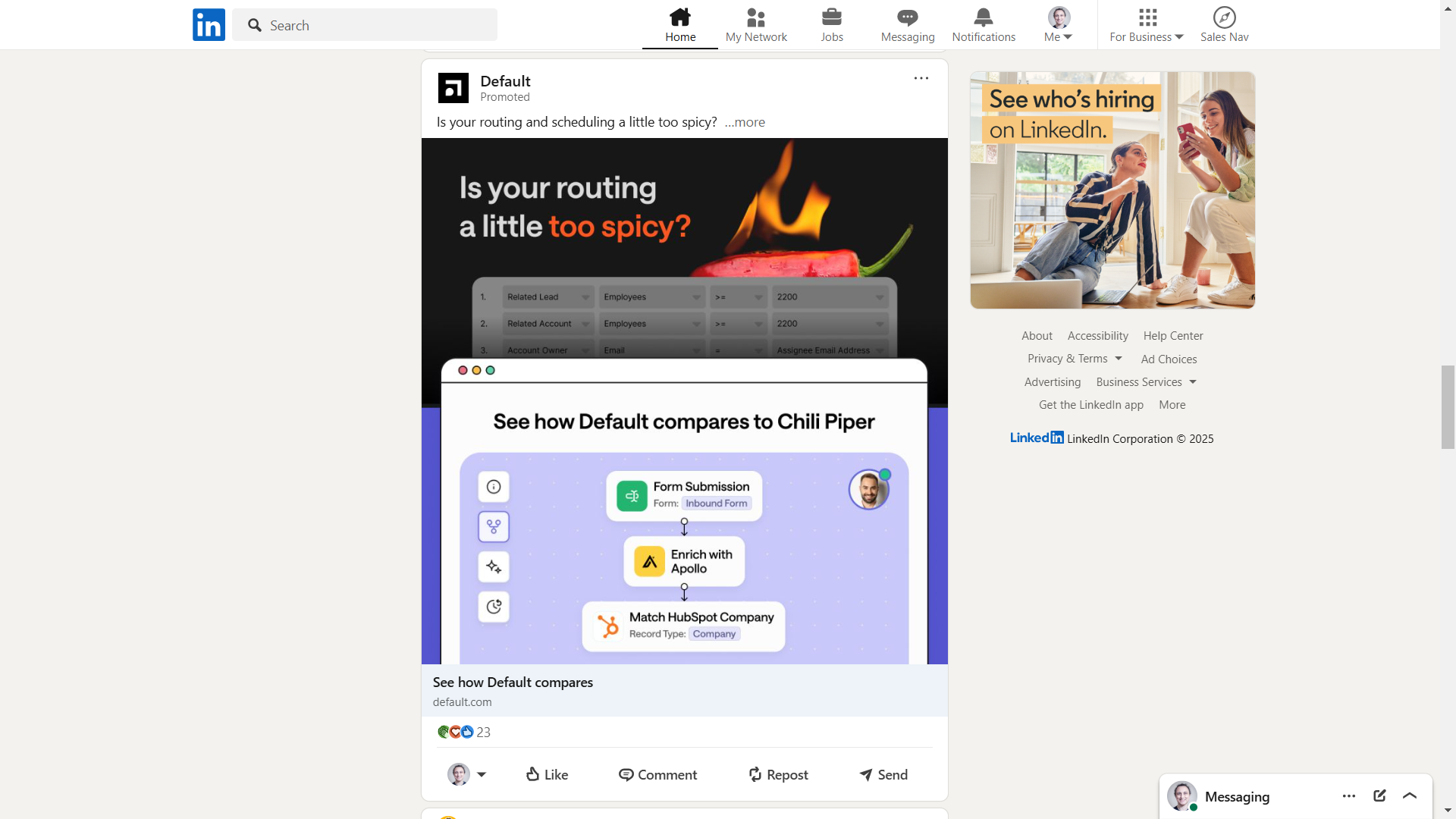 Default.com LinkedIn post showing an example of a display URL.