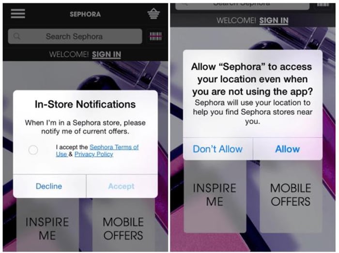 Geofencing Marketing Ethical Considerations - example of sephora user permission