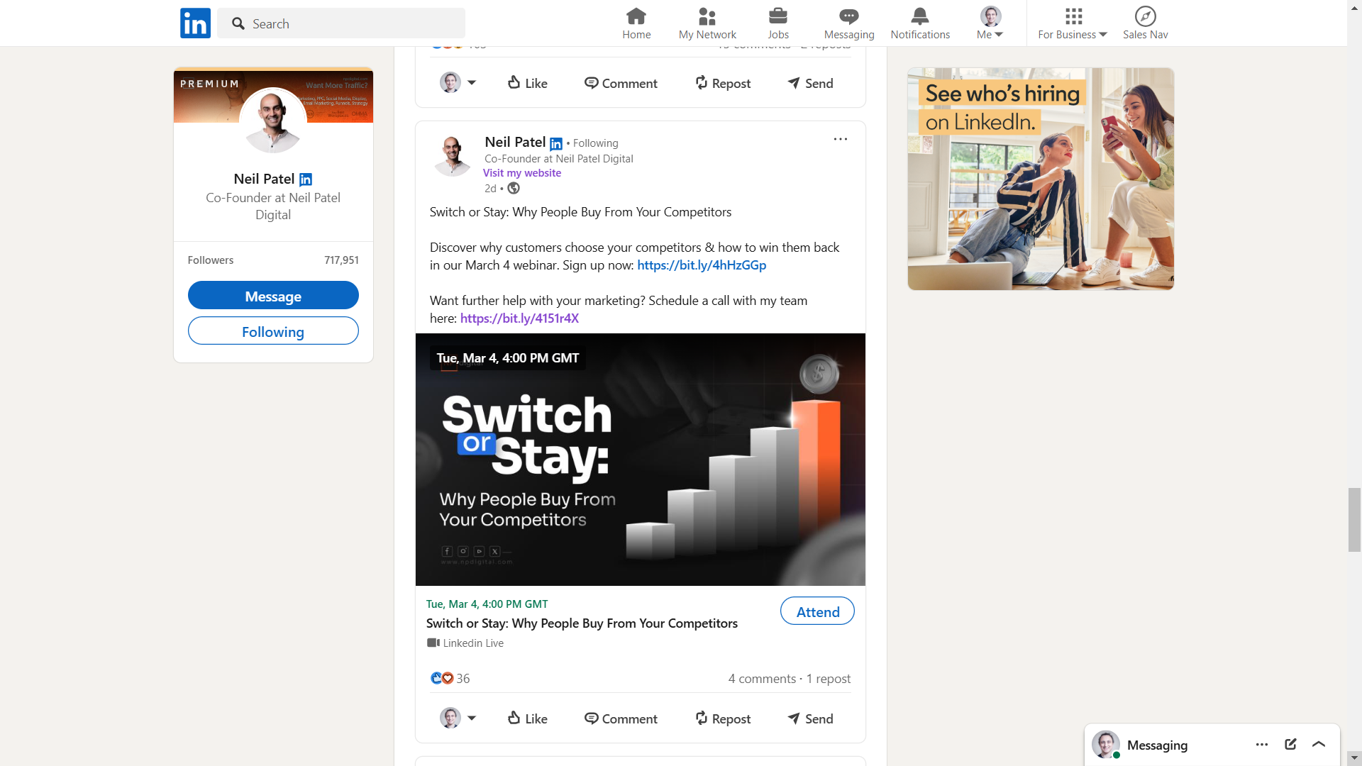 Neil Patel LinkedIn post showing an example of a shortened URL.