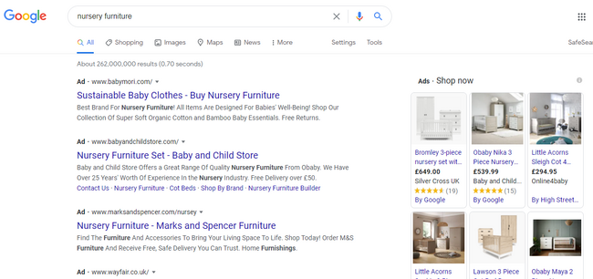 在谷歌广告创意策略下搜索托儿所家具