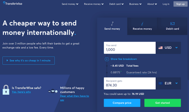  TransferWise landing page for Google marketing concepts