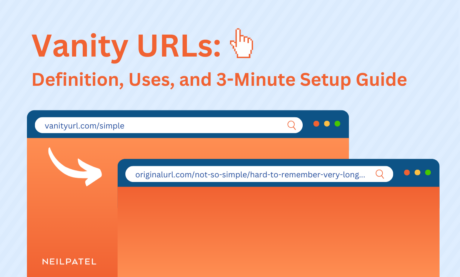 Illustration showing two web browsers with text that reads "Vanity URLs: Definition, Uses, and 3-Minute Setup Guide.