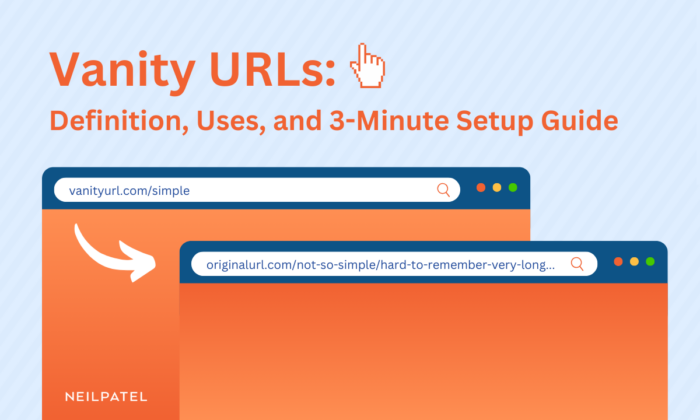 Illustration showing two web browsers with text that reads "Vanity URLs: Definition, Uses, and 3-Minute Setup Guide.