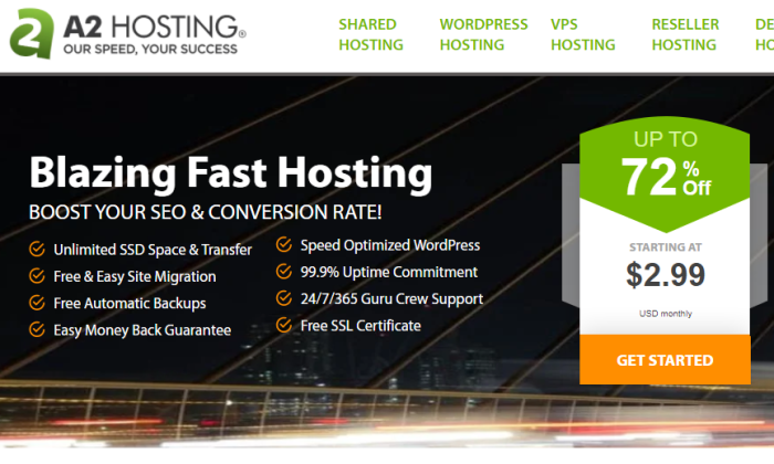 A2 Hosting main page for Best Cheap Web Hosting