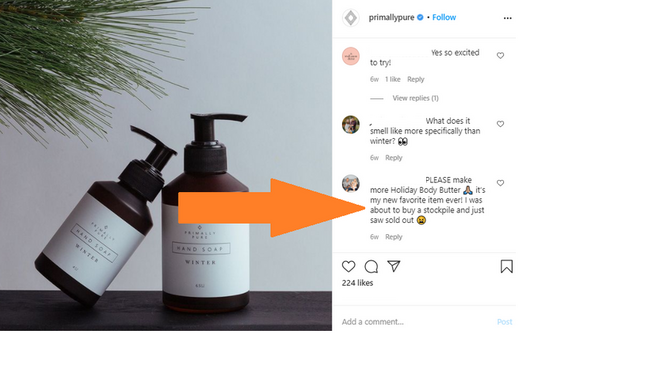 Instagram ad example of customers providing feedback in comments and displaying customer loyalty