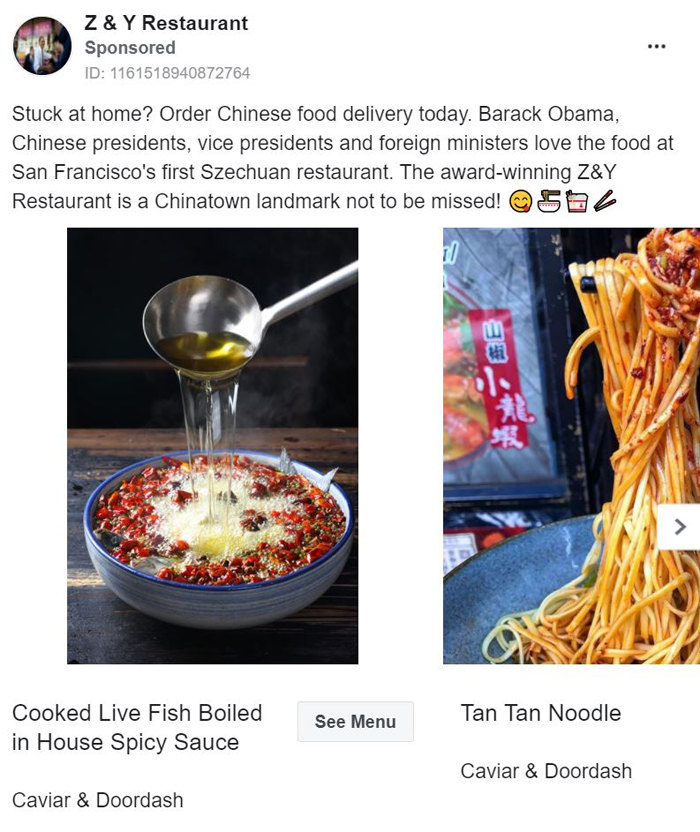 facebook carousel ad - z & y restaurant