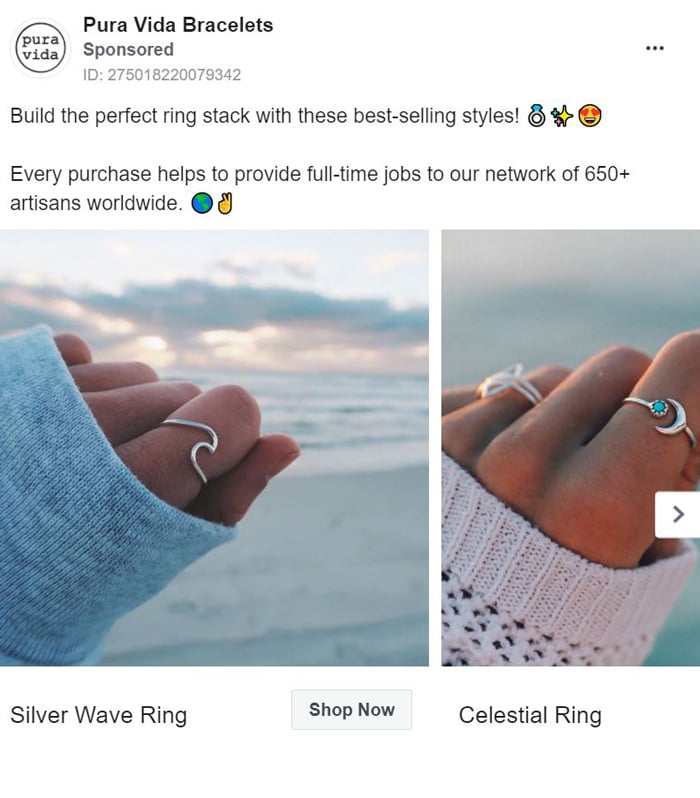 facebook carousel ad - pura vida bracelets