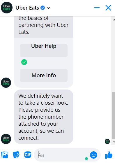 example of uber eats customer service facebook messenger bot