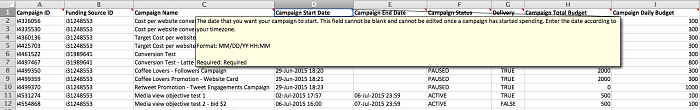 how to edit paid ads on twitter - entering data in excel