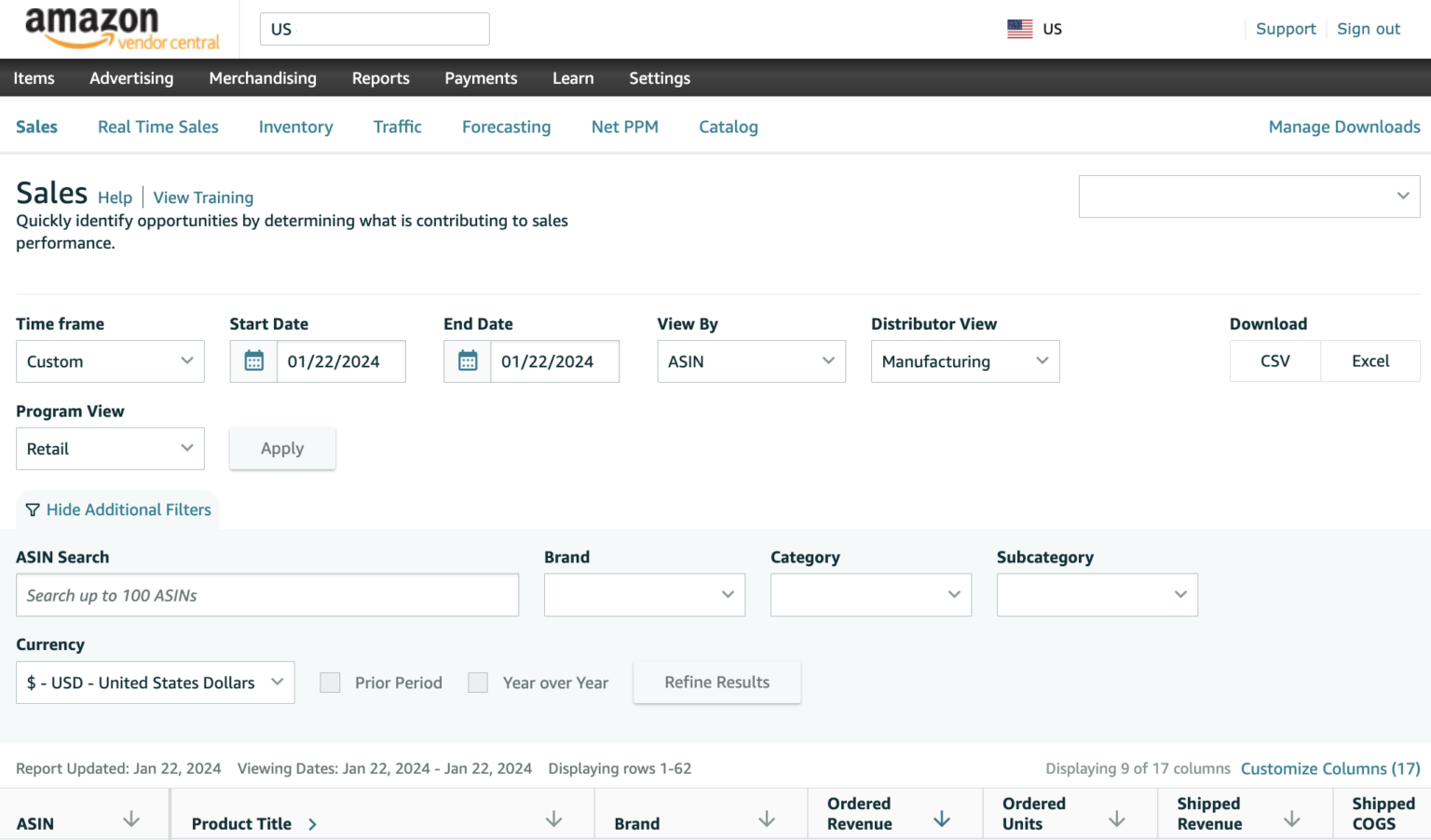Amazon Vendor Central sales dashboard.