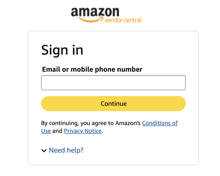 Amazon Vendor Central sign in page.