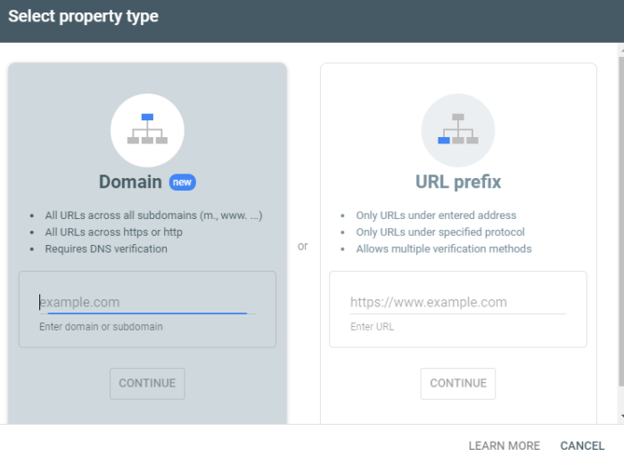 Google search console guide add property. 