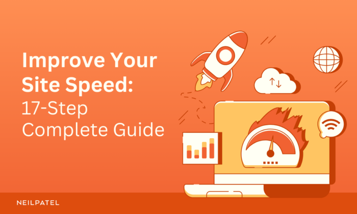 Illustration of a web browser and a rocket with text that reads "Improve Your Site Speed: 17-Step Complete Guide."