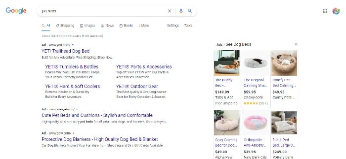 Pet owners Google search ad results