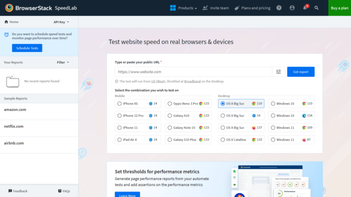 BrowserStack SpeedLab URL report page.