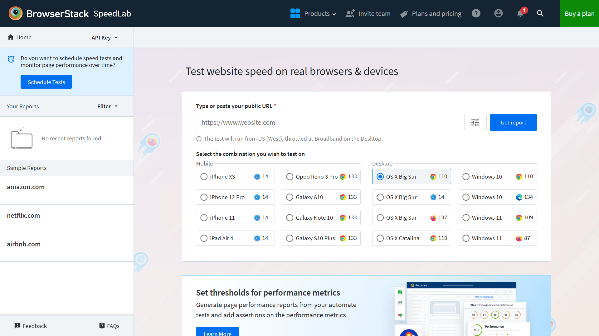 BrowserStack SpeedLab URL report page.