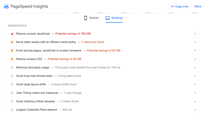 Suggestions for optimizing performance in the Diagnostics section of PageSpeed Insights.