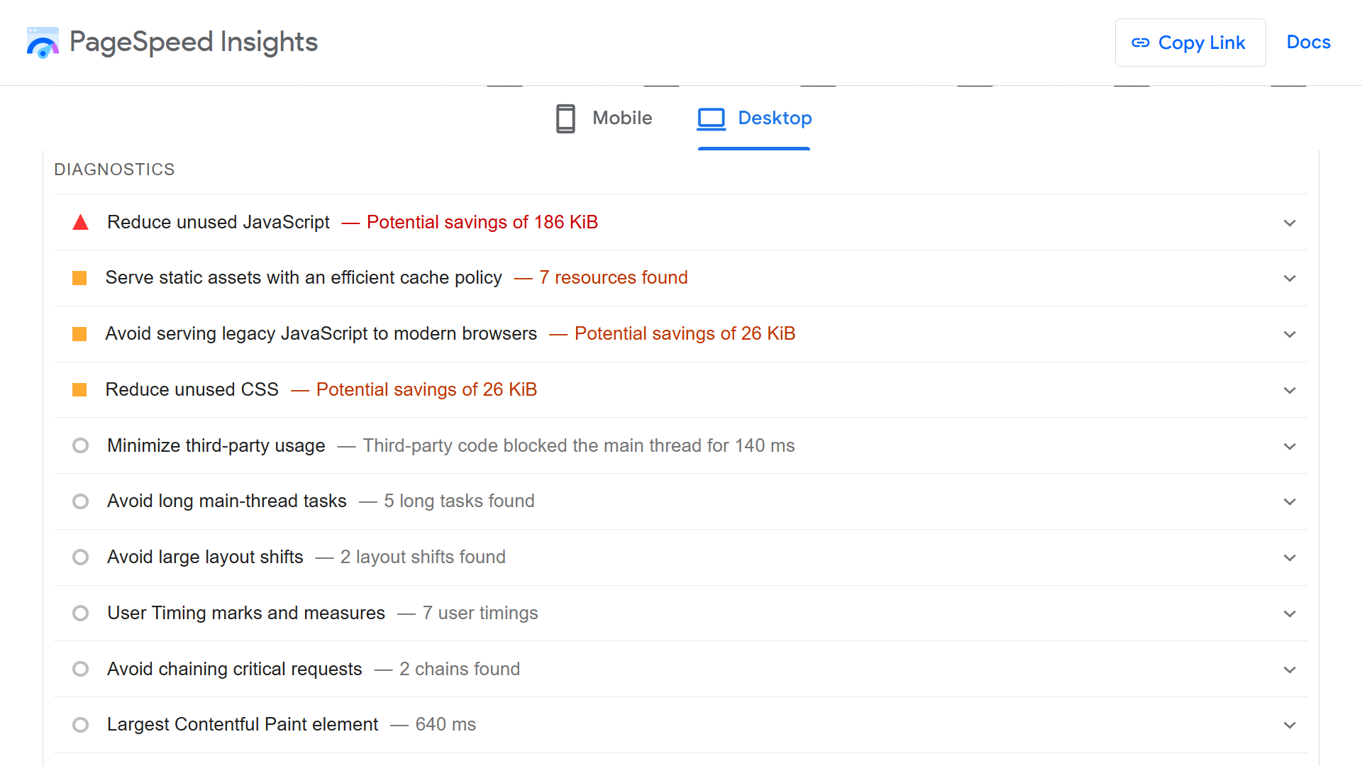 Suggestions for optimizing performance in the Diagnostics section of PageSpeed Insights.