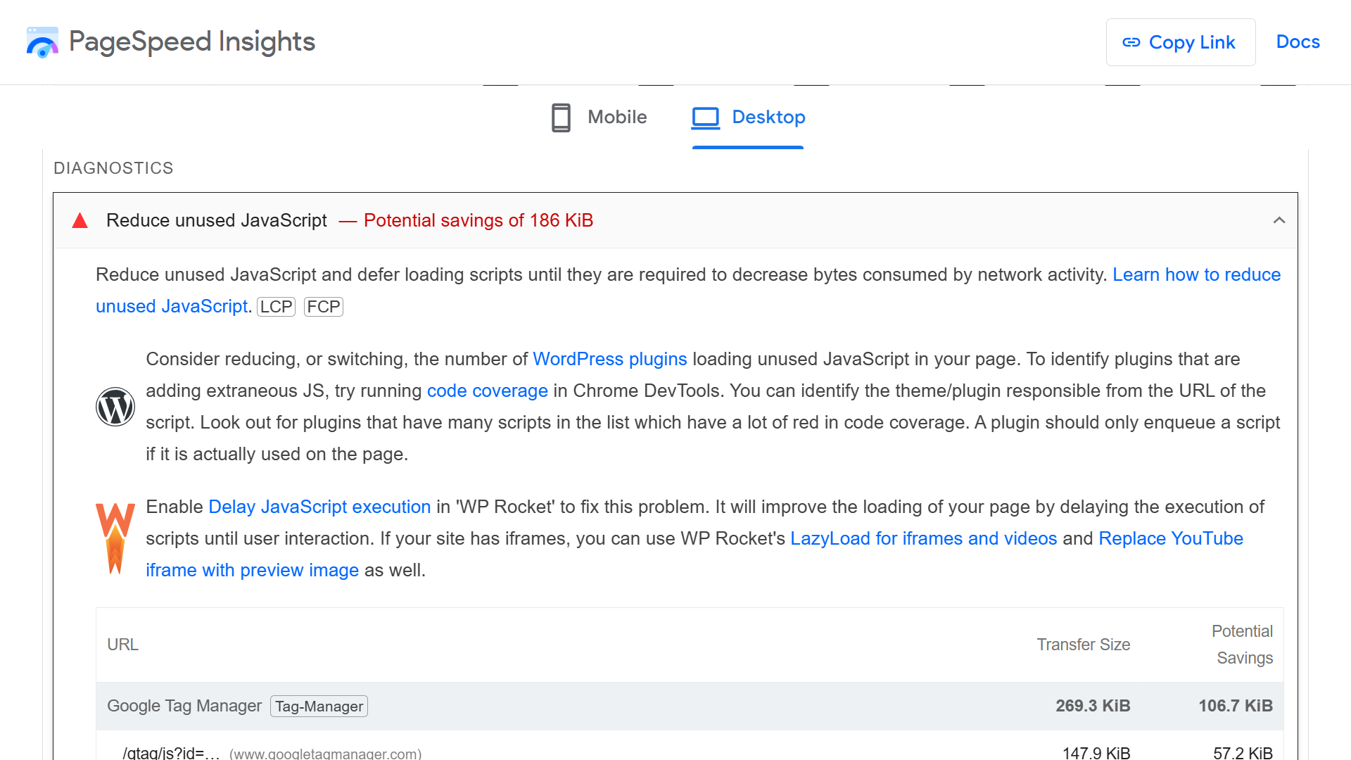 PageSpeed Insights suggestions for optimizing performance in the Diagnostics section with a priority rating and instructions.