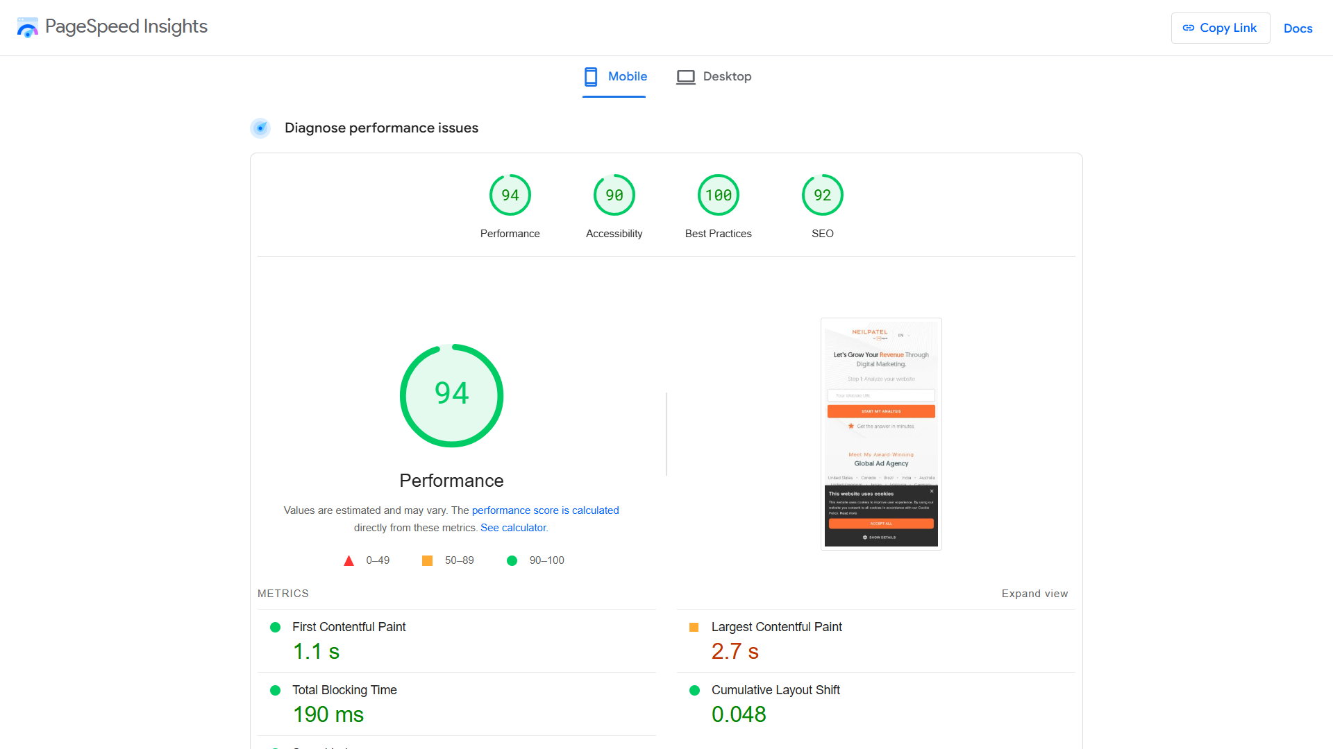 PageSpeed Insights performance report for mobile.