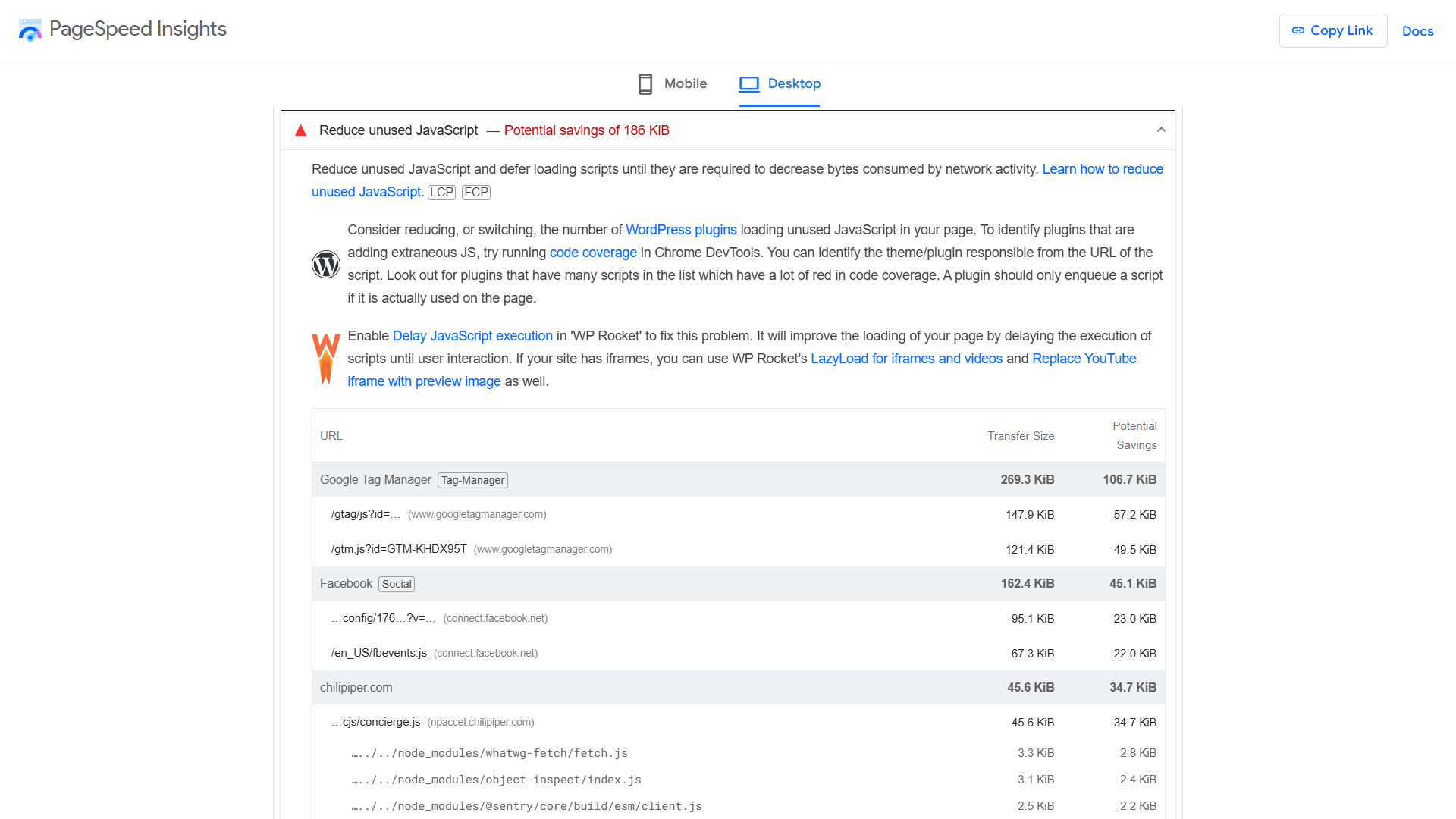 List of sources of render-blocking and nonessential JavaScript in Google’s PageSpeed Insights tool.