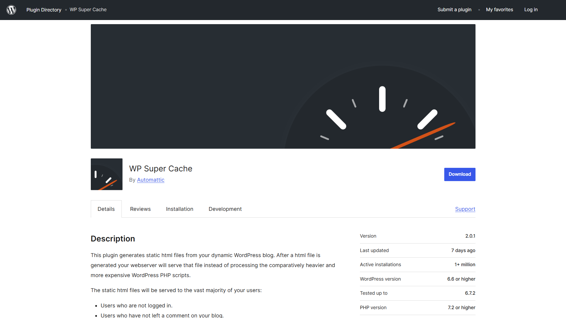 WP Super Cache plugin download page.
