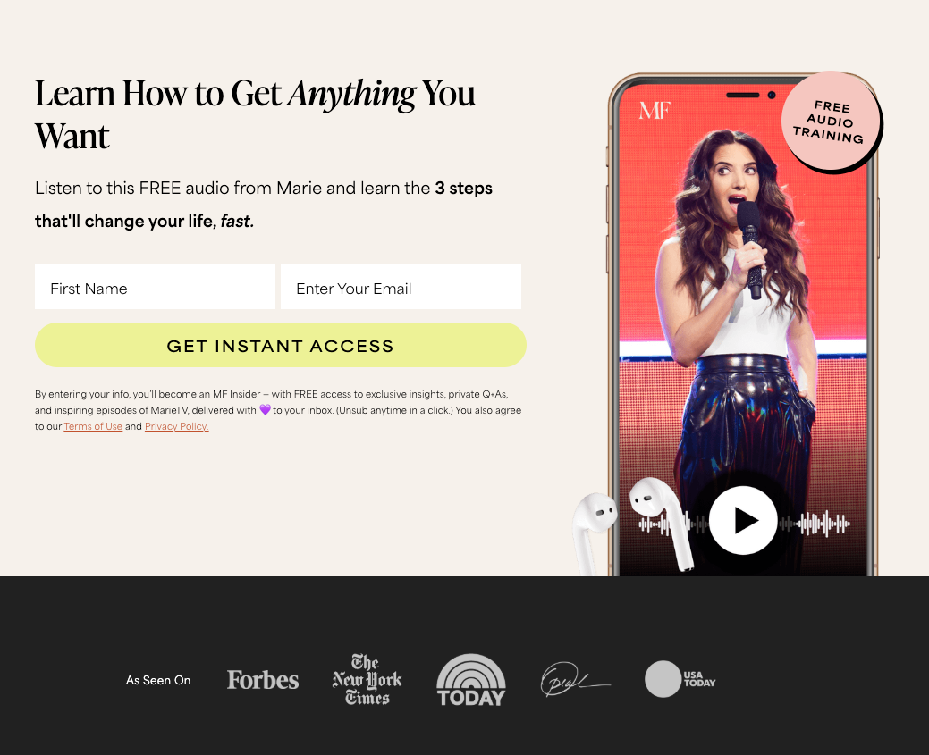 Marie Forleo’s landing page to signup for a free audio clip. 