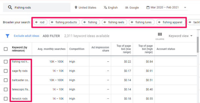 Example of a Google keyword planner tool for ads 