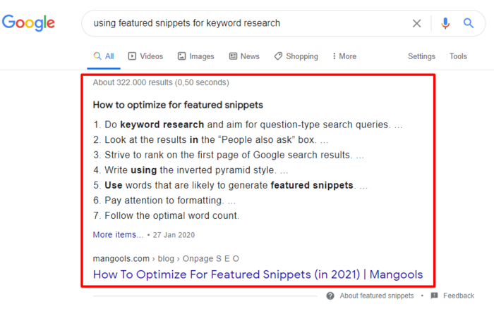 Featured snippets are one strategy you can use to find keywords everywhere.