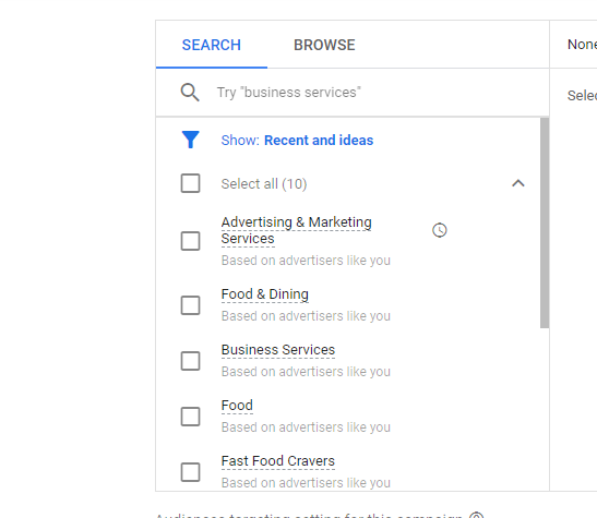 Choose the audience for Google Seraph ads 