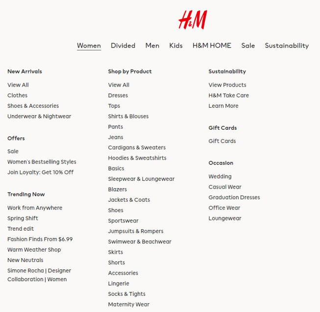 Social Media for E-Commerce - H&M site navigation