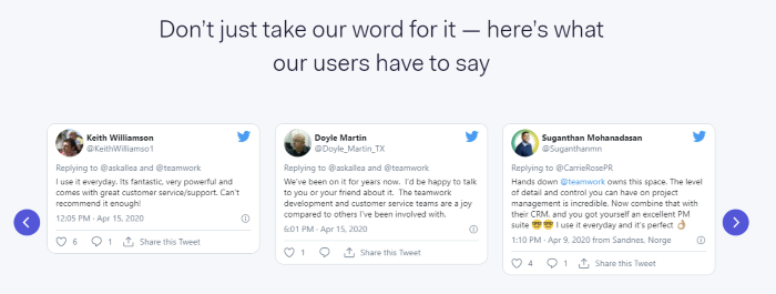 Testimonial Examples Used on Landing Pages - Teamwork Twitter testimonial examples - Eye-Catching Trust Signals