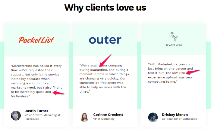 Testimonial Examples Used on Landing Pages - MarketHire