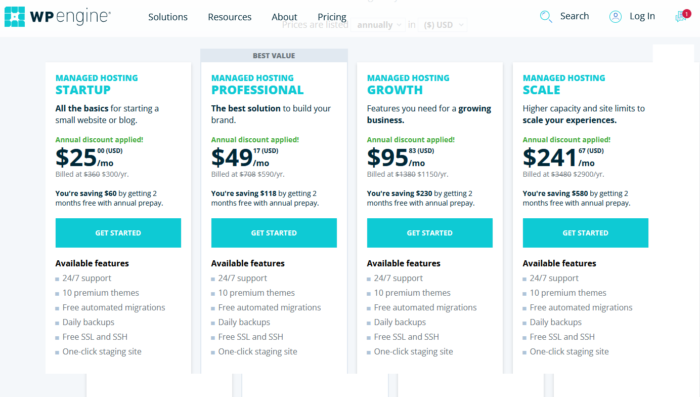 WP Engine pricing page for WP Engine Review