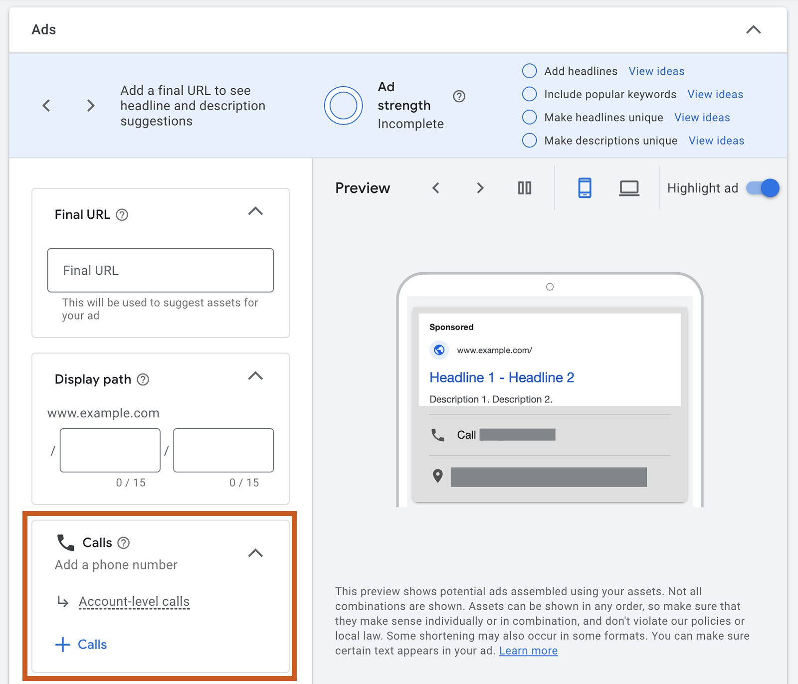 Google Ads menu to add call assets to specific campaign or ad group.