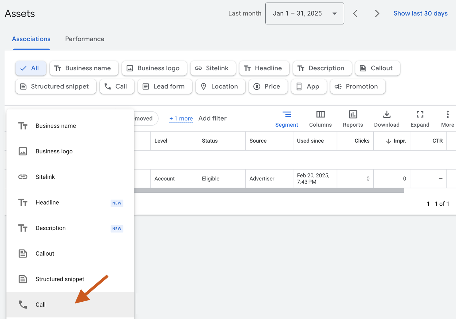 Google Ads assets page with red arrow pointing to call selection.