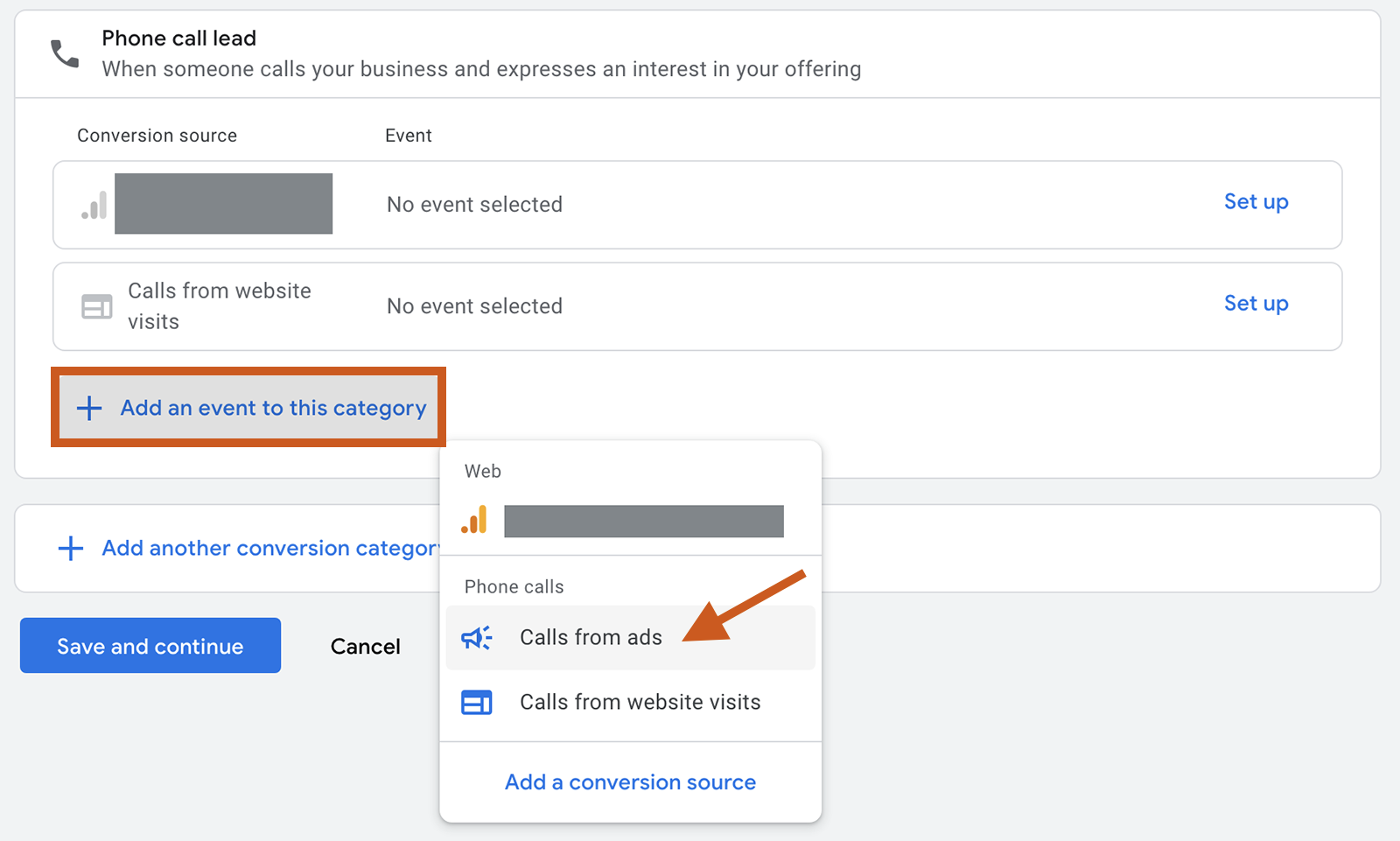 Phone call lead screen in Google ads with option to click to set up "Calls from ads."