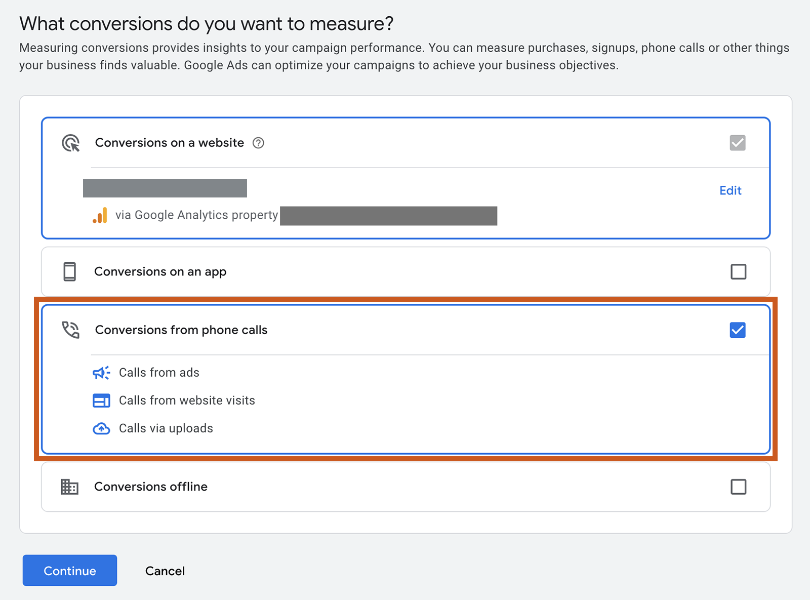 Google ad account conversion summary with option to check the box for "Conversions from phone calls."
