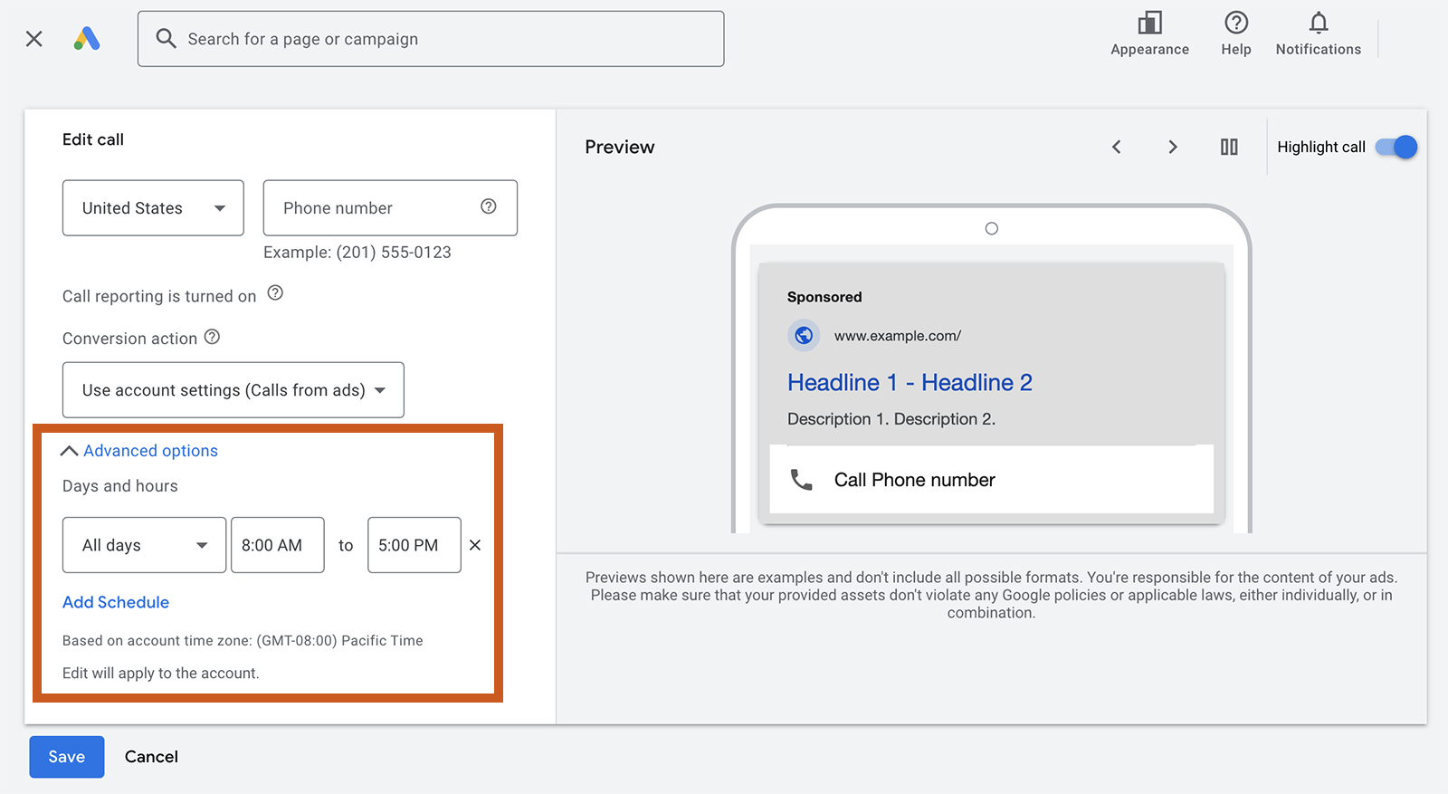 Advanced options in the call asset section of Google Ads.