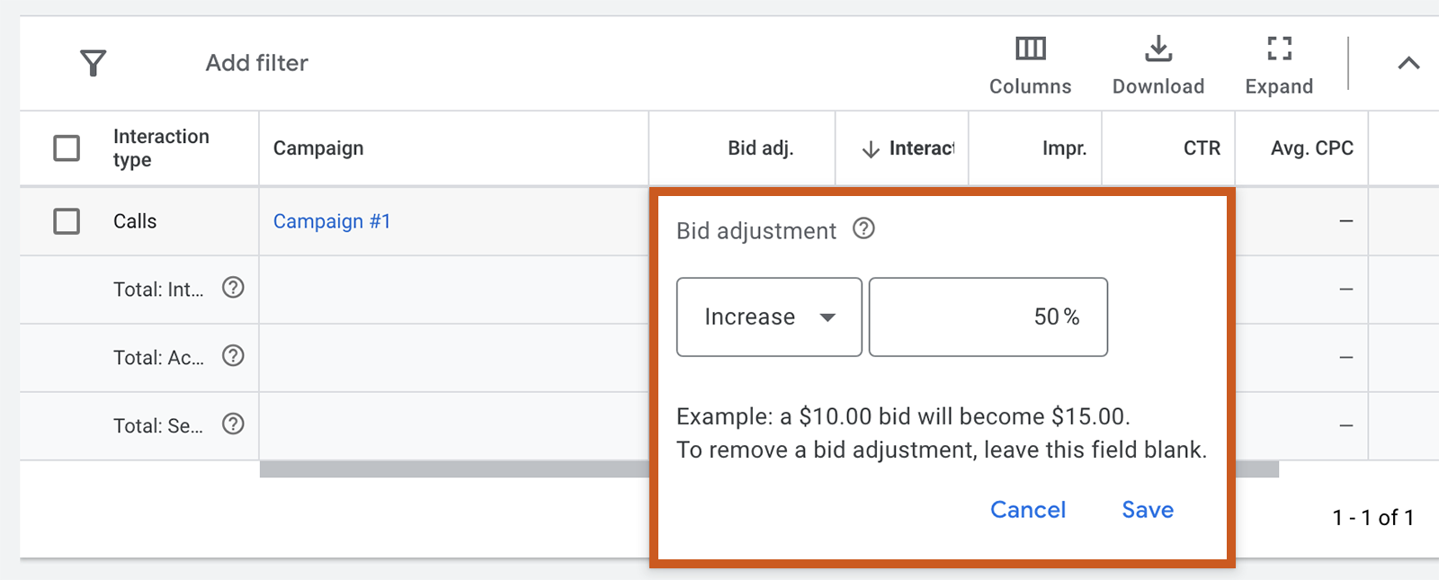 Google call bid adjustments with option to increase by 50% shown.