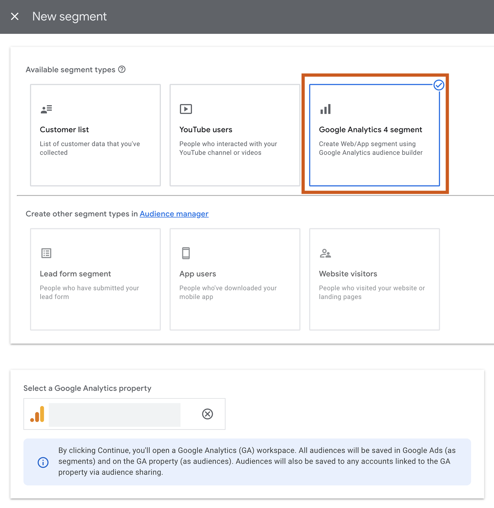 Create a new Google Ads segment with Google Analytics 4 (GA4) data.