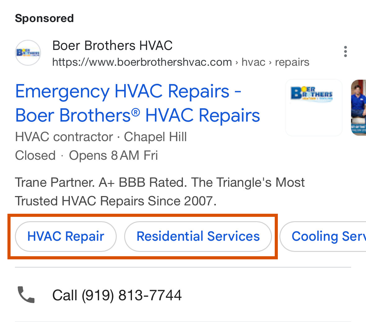 Sitelinks example from Google Ad for HVAC repair.