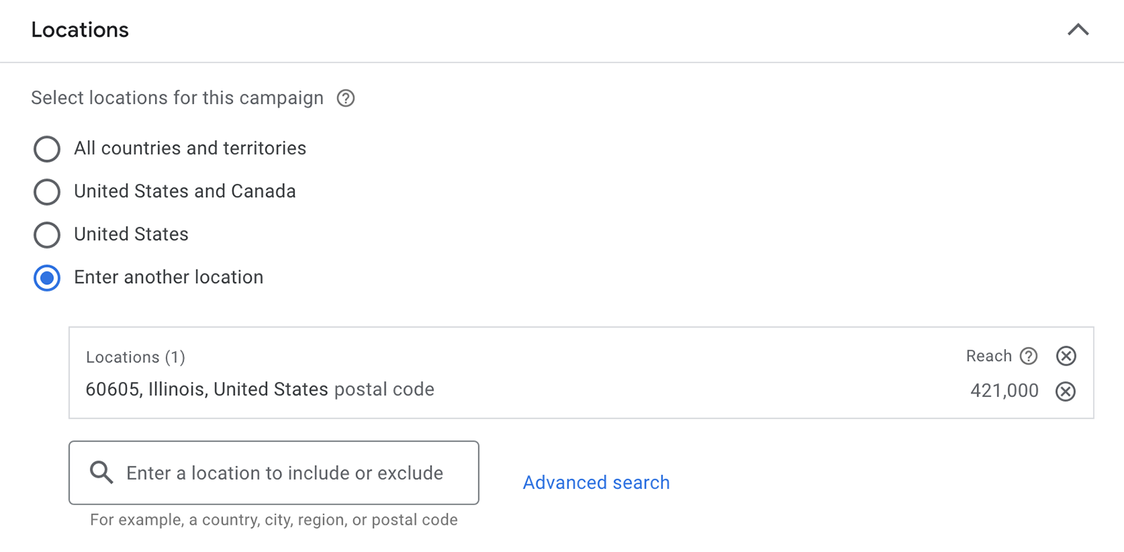 Google Ads location setup screen.