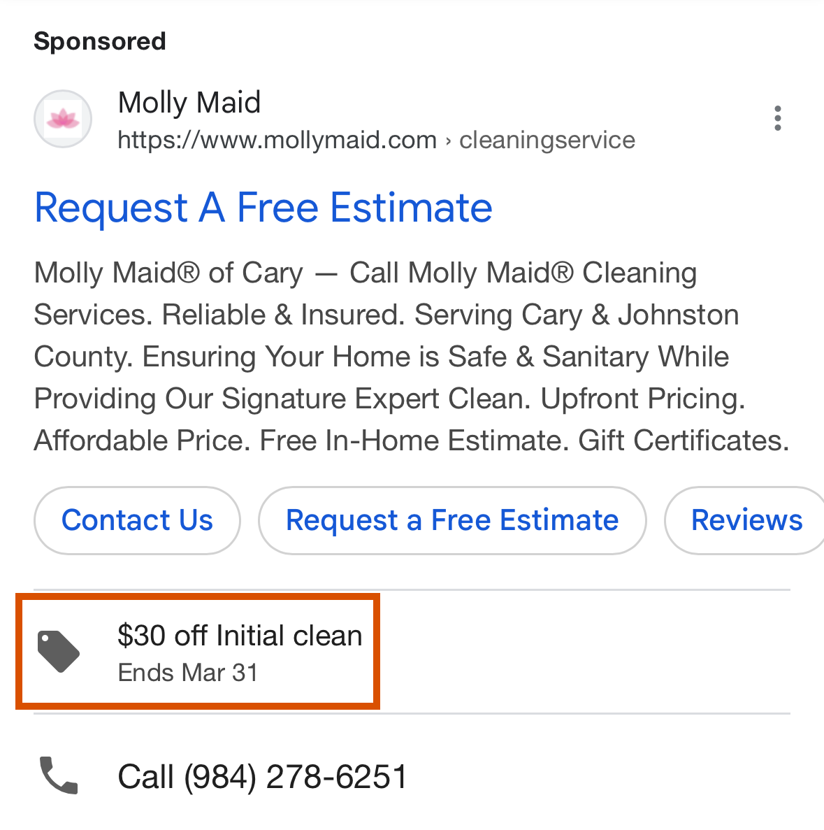 Promotion example in a Google ad for $30 off initial clean.