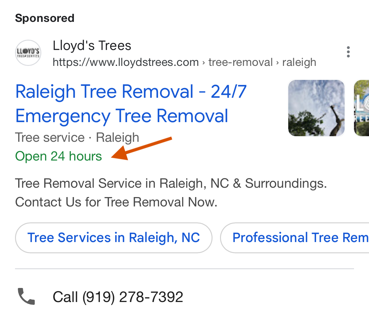 Google Ads callout feature with example of "Open 24 hours" shown.