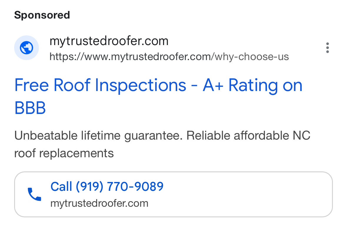 Google sponsored ad for roof inspections with a interactive call button.