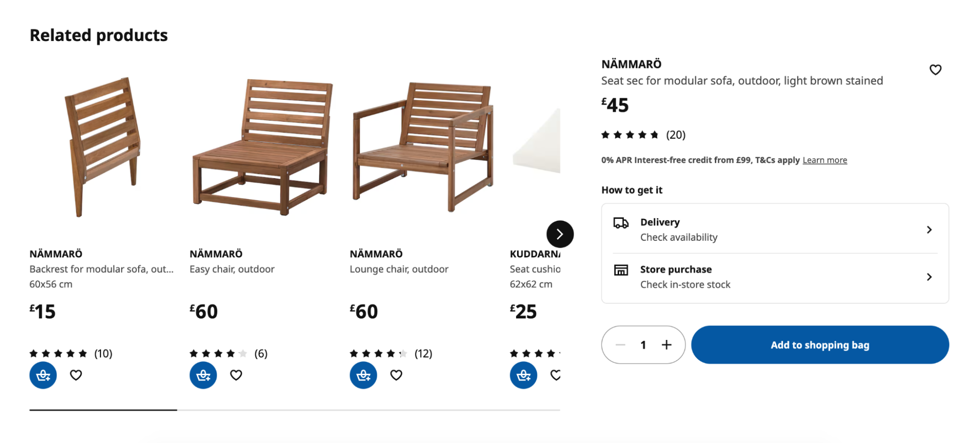 Product page for chairs with various upselling options displayed. 
