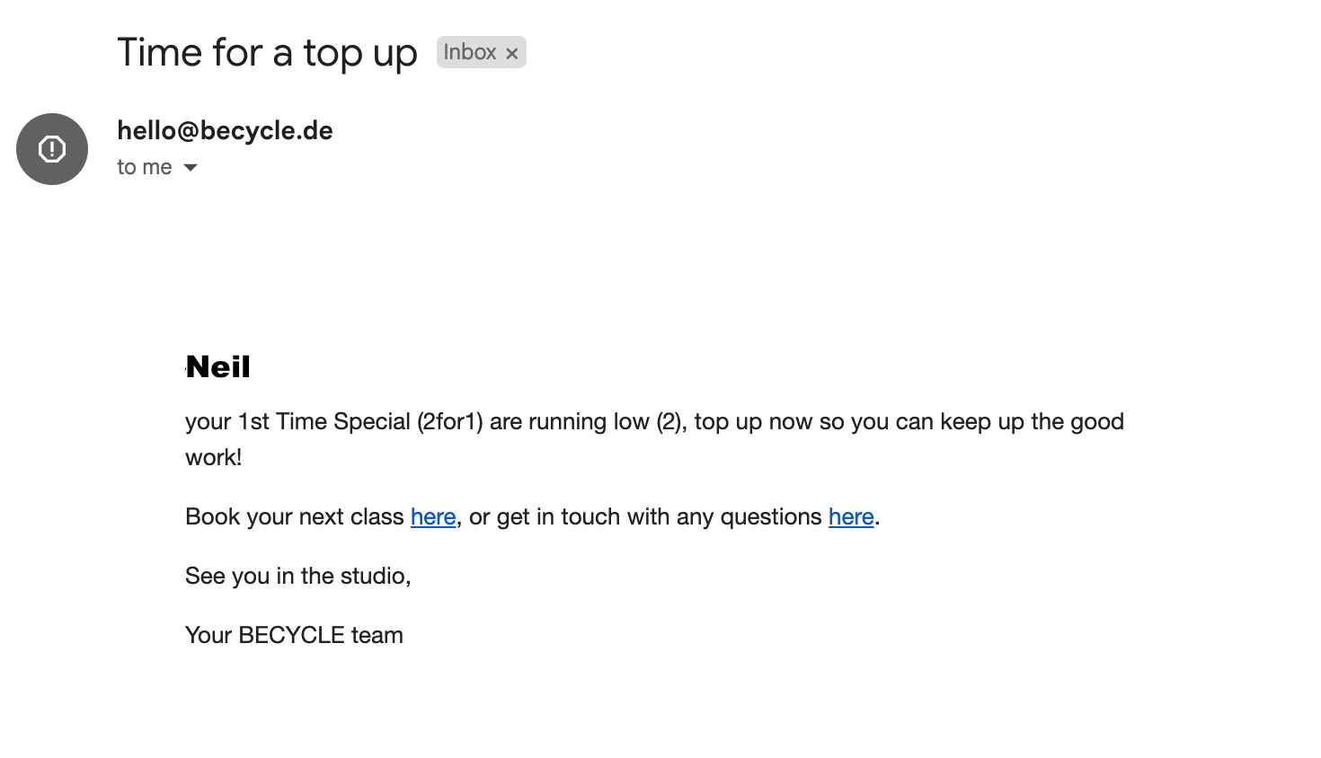 Automated email reminder sent to Neil for a BECYCLE class. 