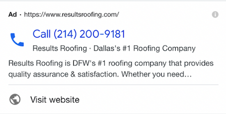 Google Call-Only Ads - Example of Dallas roofer